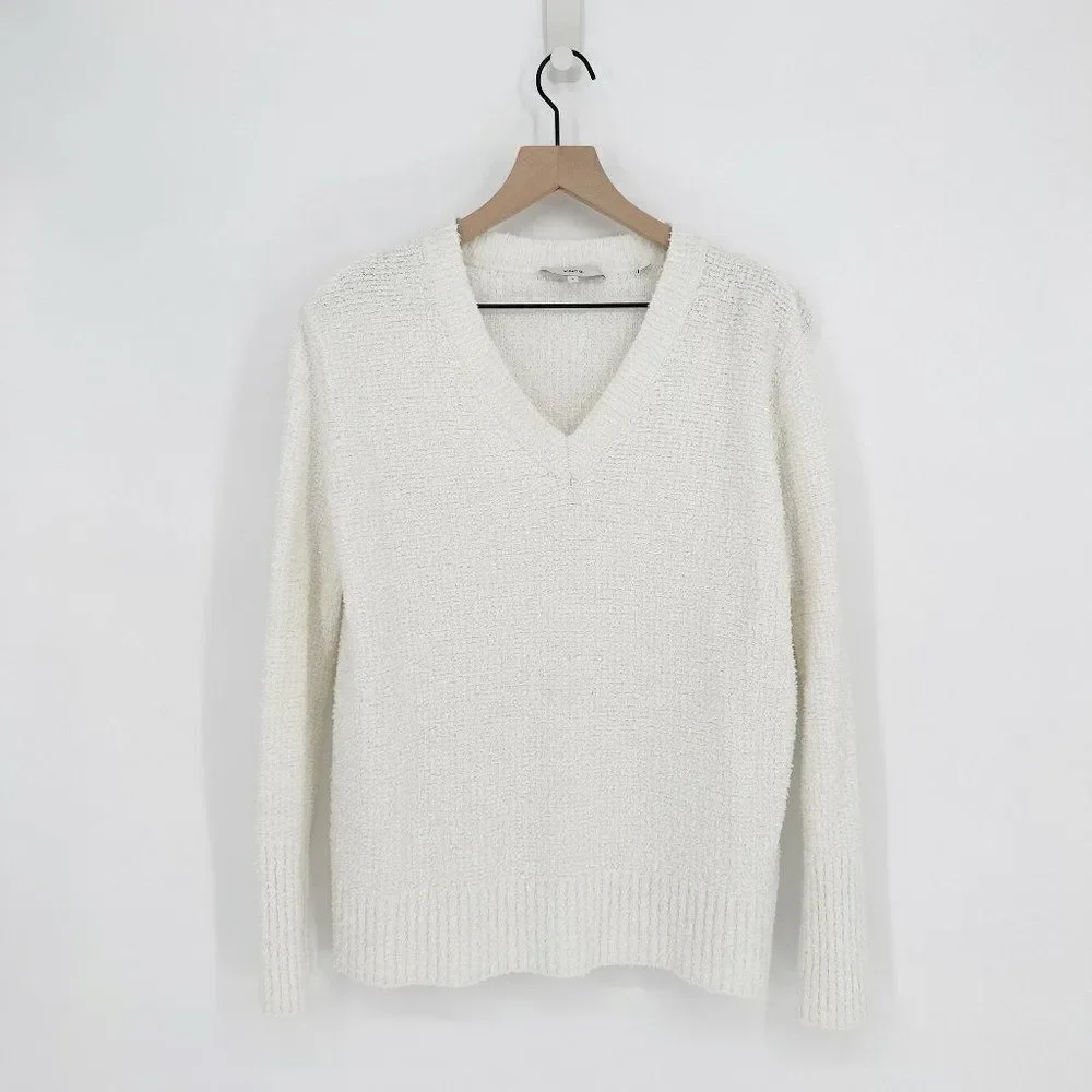 Vince Textured Tunic V Neck Sweater Boucle Knit Oversized White Women's Small - Picture 2 of 7
